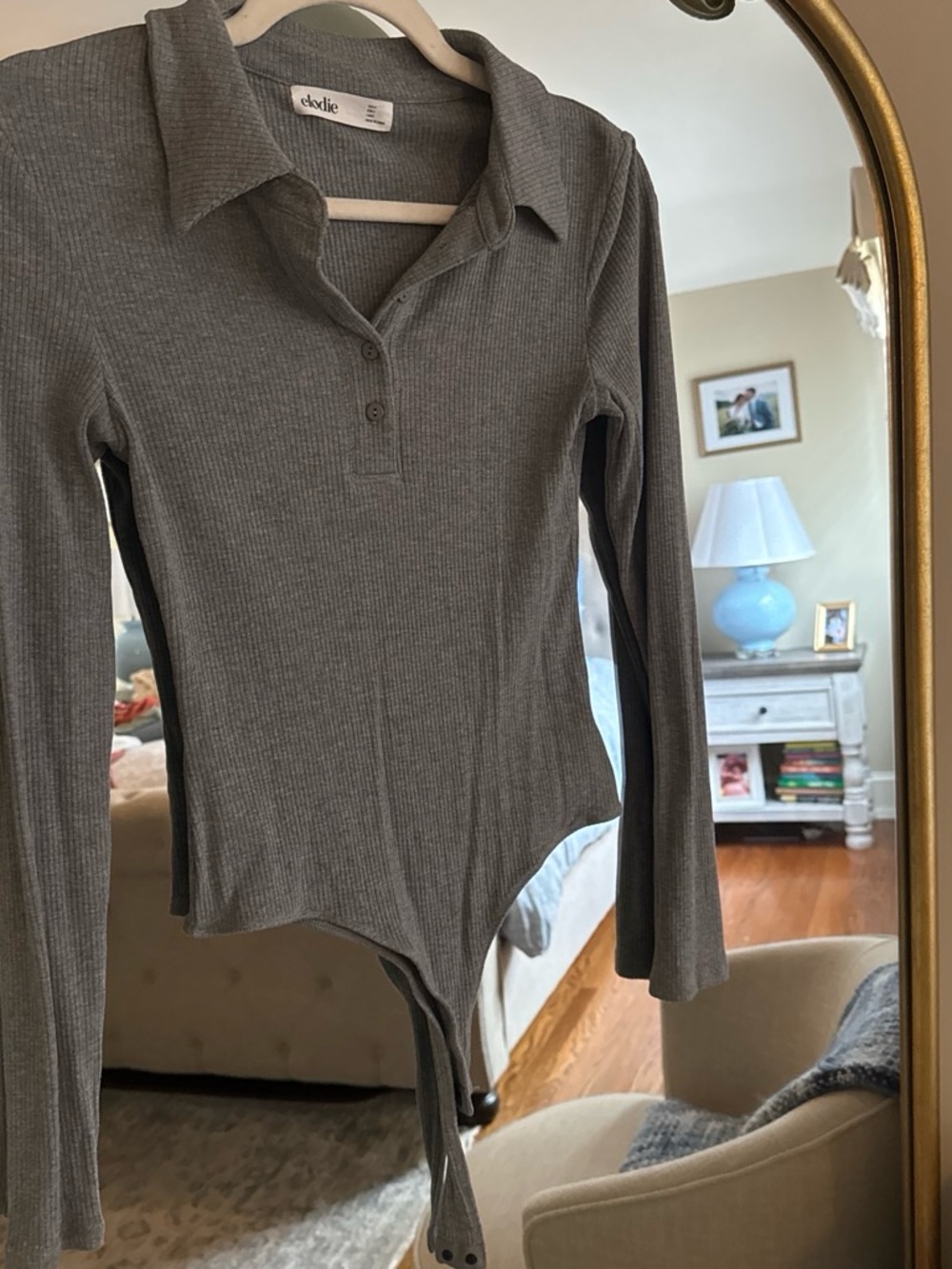 Ribbed Long-Sleeve Polo Bodysuit in Gray